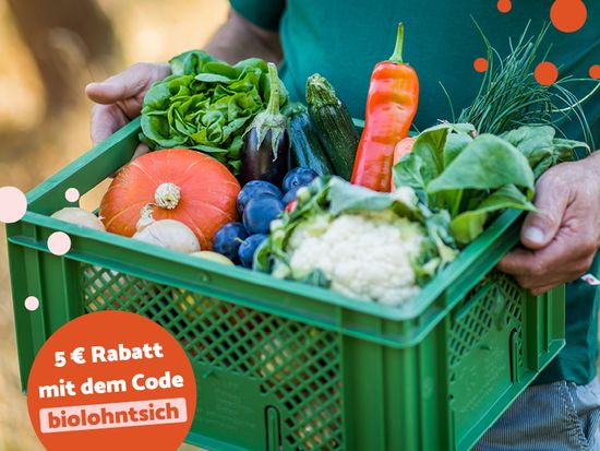 Kiste mit Bio Obst und Gemüse und Rabattcode "biolohntsich" für 5€ Rabatt