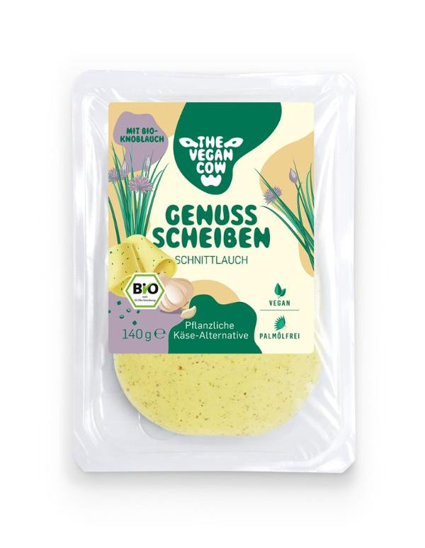 Produktfoto zu The vegan Cow Genuss Scheiben Schnittlauch-Knoblauch  (Käsealternative) 140g