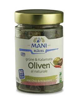 Produktfoto zu Mani Grüne & Kalamata Oliven mit Chili & Kräutern 205g