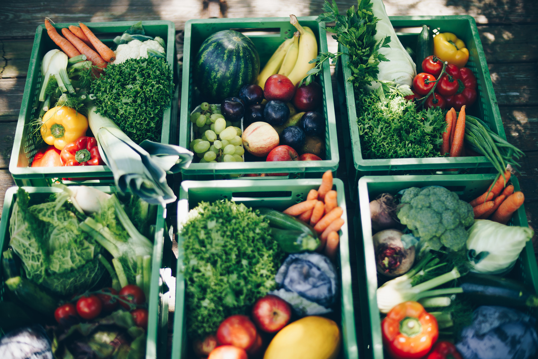 Kisten voll gepackt mit Obst und Gemüse