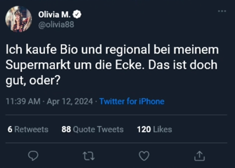 Grüne Farbkachel mit Text: Olivia (36) weiß nichts von miesen Handelspraktiken