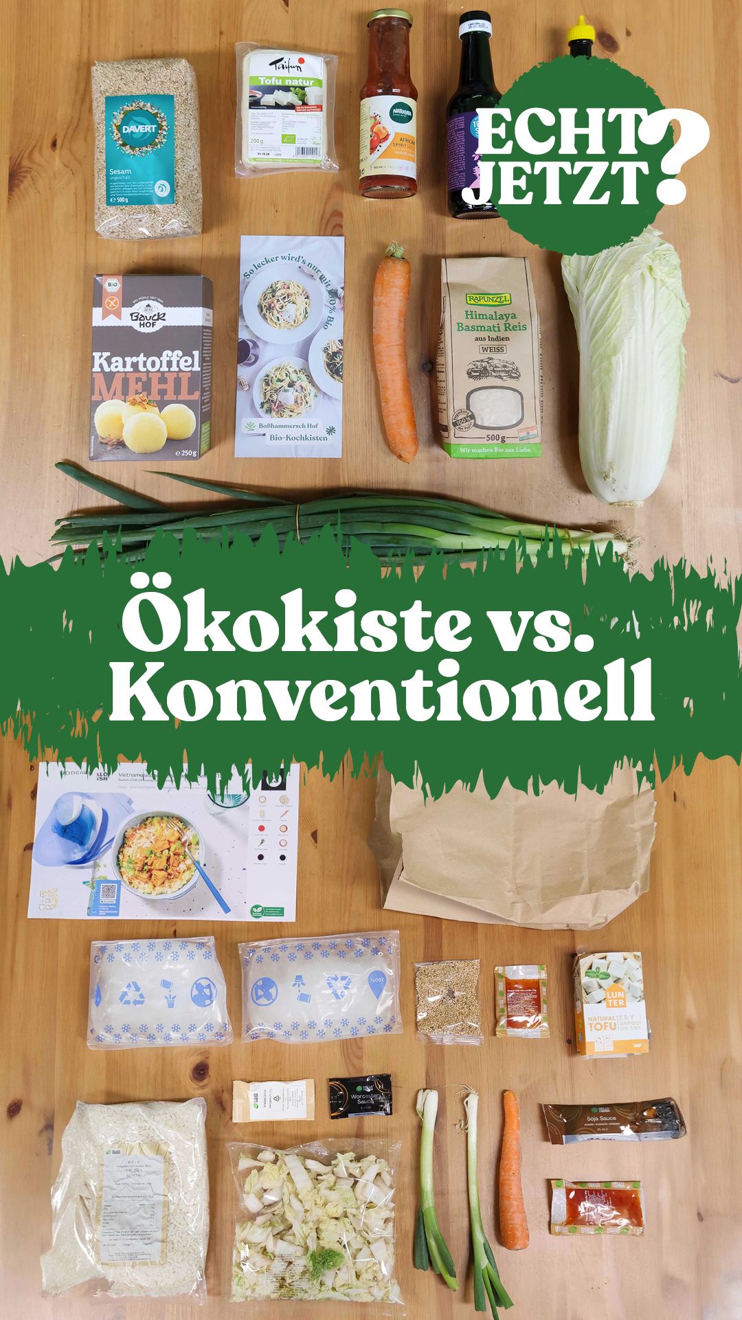 Ausgepackte Produkte aus Ökokiste und aus Konventionell